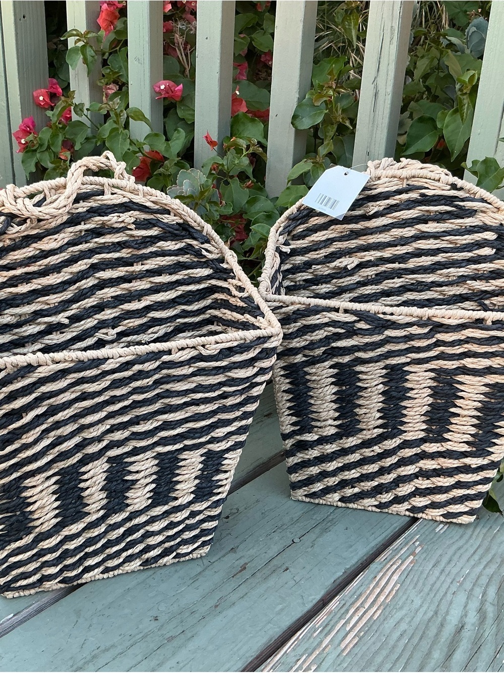 The Spring Shop 2 Large Wicker Basket Black and Natural Woven Hanging Basket